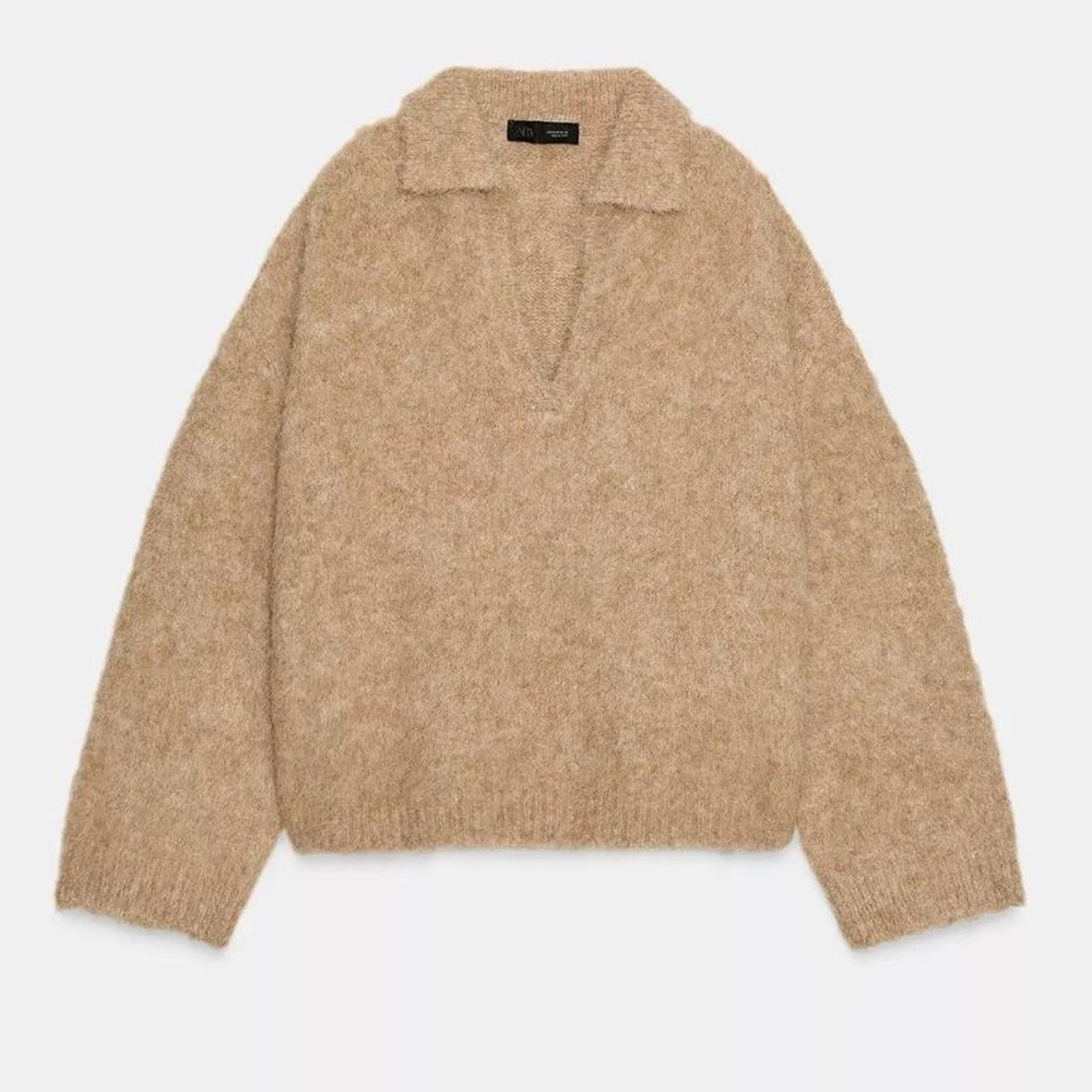 NWT Zara Brushed Collared Polo V-neck Sweater in Camel Brown - M